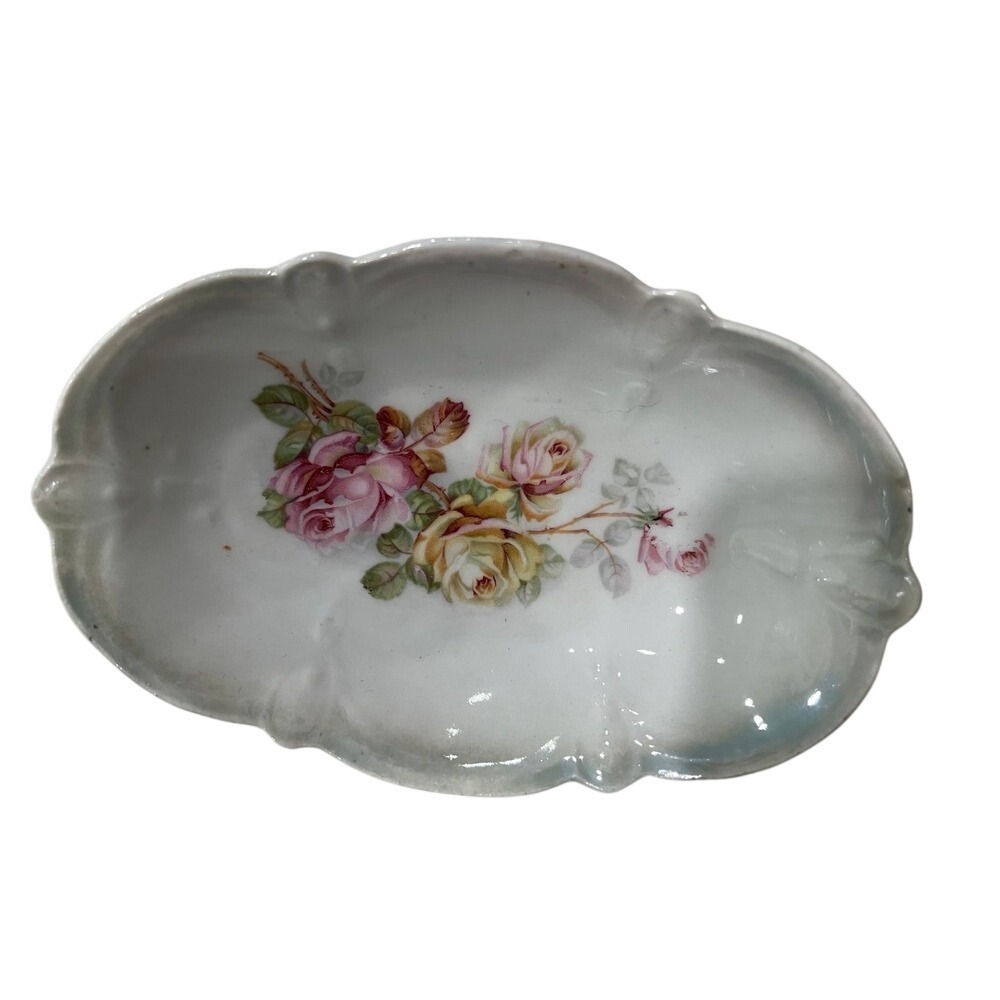 Vintage Made in Bavaria Porcelain Trinket Dish Floral Rose Scalloped Oval 6.25in